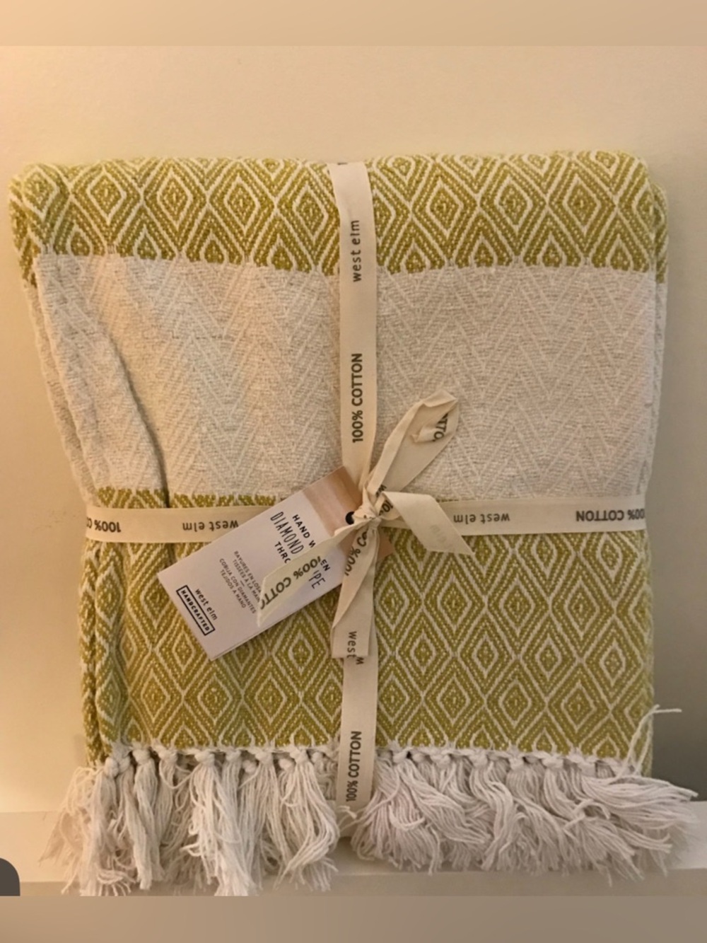 NWT New West Elm Yellow and White Hand Woven 100% Cotton Diamond  Pattern Throw